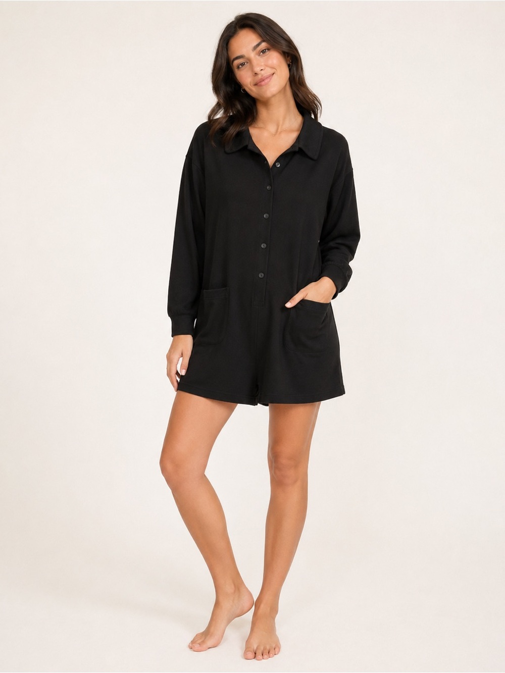 Smash & Tess cottage long sleeve Black Button-Front Romper with Pockets